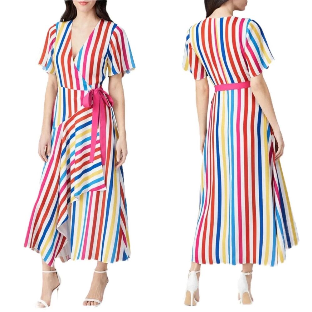 Color Me Courtney Taira Wrap Dress Size Medium Multicolor Stripe Short Sleeve